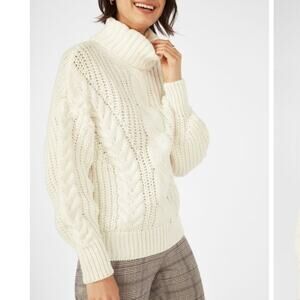 NWT Cream Cable Knit Turtleneck Sweater Balloon Sleeve Chunky Knit S/M